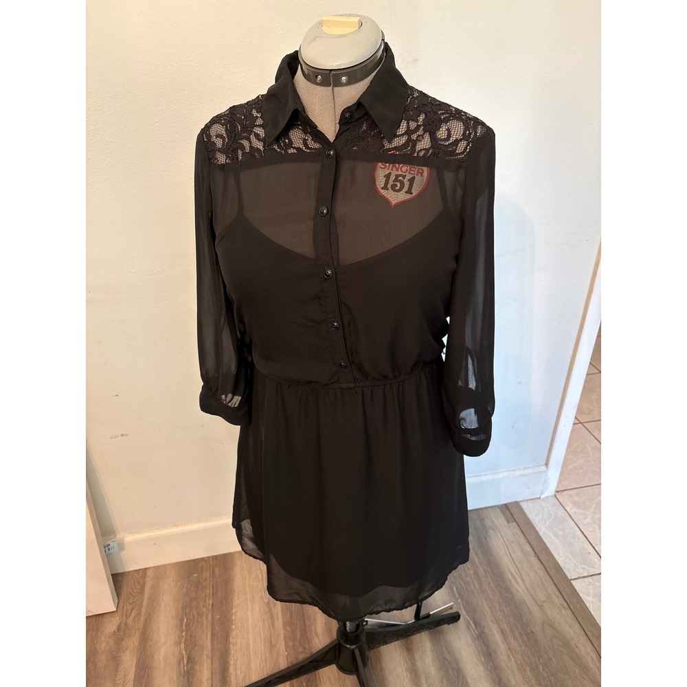 Love Reign Shirt Dress Womens Large Black Excellent Lace Yoke Sheer Chiffon Mini